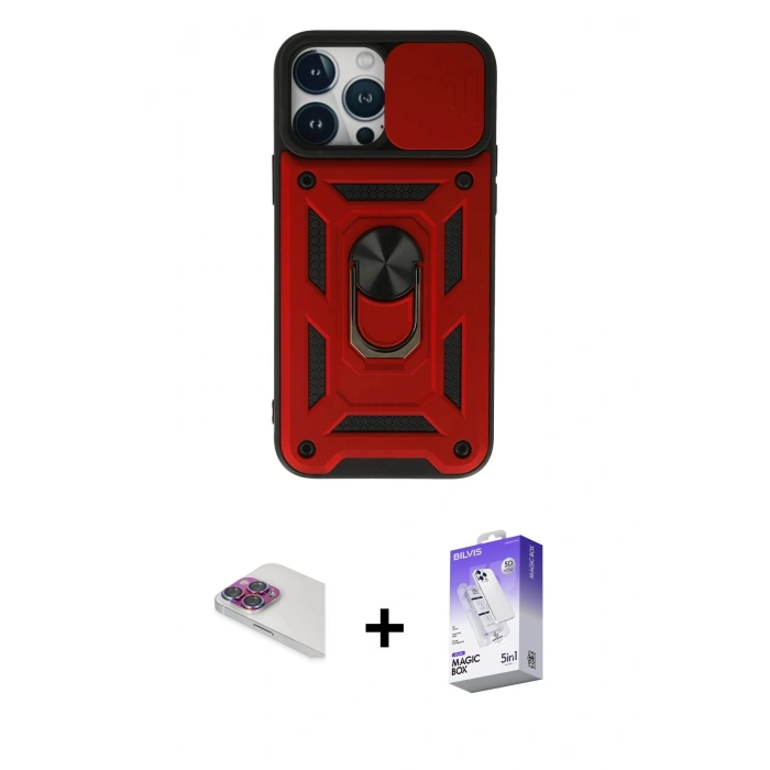 MARSİLYAN™- iPhone 13 Pro Max Kılıf Ahenk Klasik - Siyah Bilvis 5in1 3D Magic Cam Ekran Koruyucu + Pers Alüminyum Kamera Lens - GI