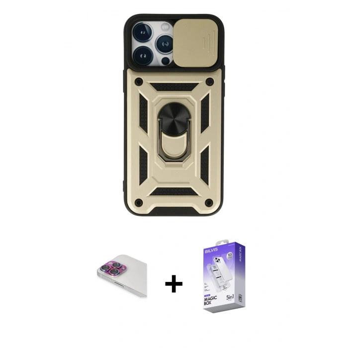 MARSİLYAN™- iPhone 13 Pro Max Kılıf Ahenk Klasik - Siyah Bilvis 5in1 3D Magic Cam Ekran Koruyucu + Pers Alüminyum Kamera Lens - GI