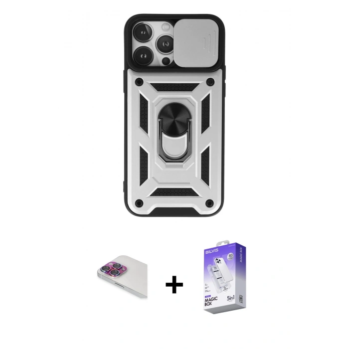 MARSİLYAN™- iPhone 13 Pro Max Kılıf Ahenk Klasik - Siyah Bilvis 5in1 3D Magic Cam Ekran Koruyucu + Pers Alüminyum Kamera Lens - GI