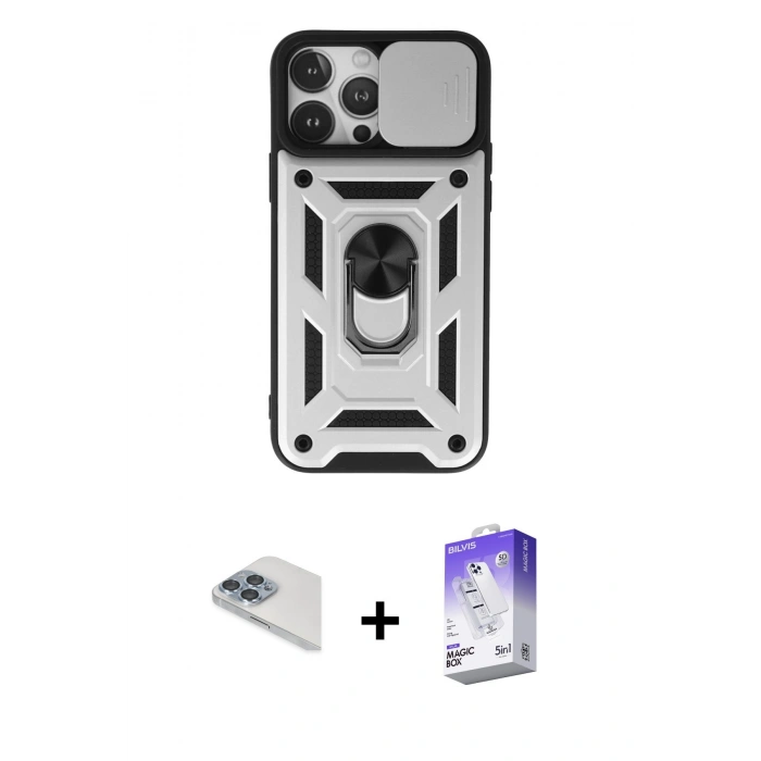 MARSİLYAN™- iPhone 13 Pro Max Kılıf Ahenk Klasik - Siyah Bilvis 5in1 3D Magic Cam Ekran Koruyucu + Pers Alüminyum Kamera Lens - SABE