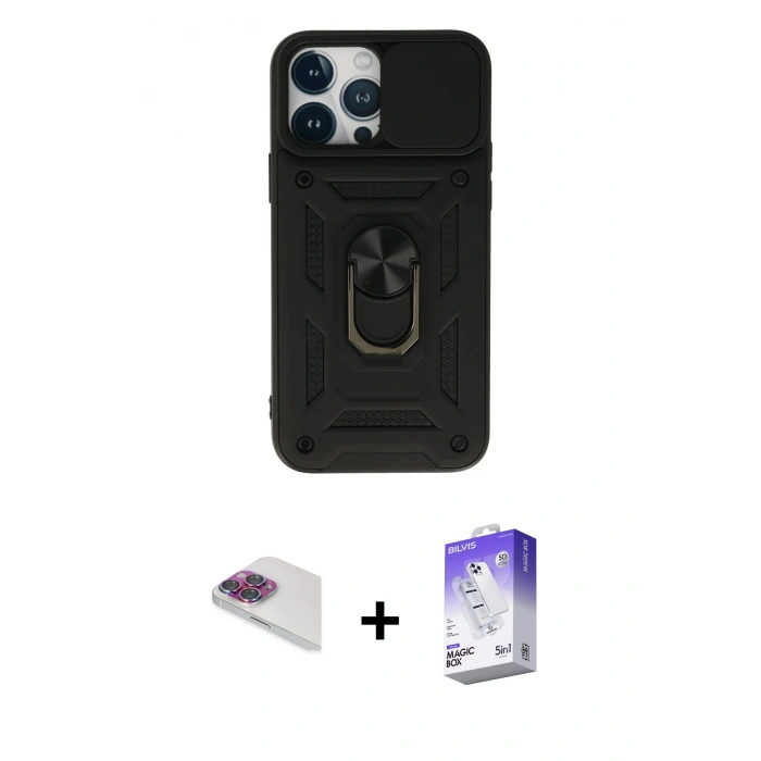 MARSİLYAN™- iPhone 13 Pro Max Kılıf Ahenk Klasik - Siyah Bilvis 5in1 3D Magic Cam Ekran Koruyucu + Pers Alüminyum Kamera Lens - GI