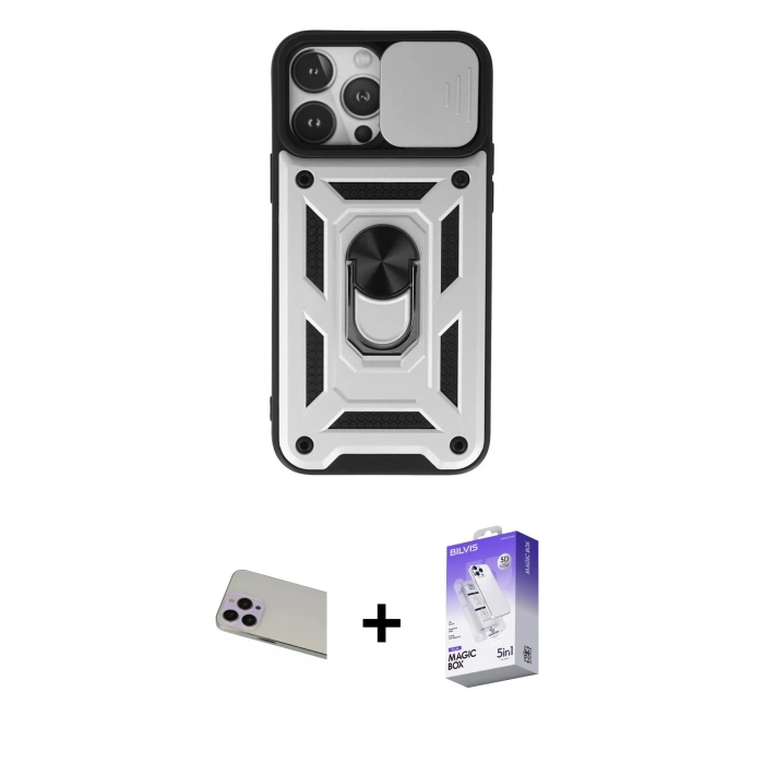 MARSİLYAN™- iPhone 13 Pro Max Kılıf Ahenk Klasik - Siyah Bilvis 5in1 3D Magic Cam Ekran Koruyucu + Rainbow Kamera Lens Koruma Cam - MR