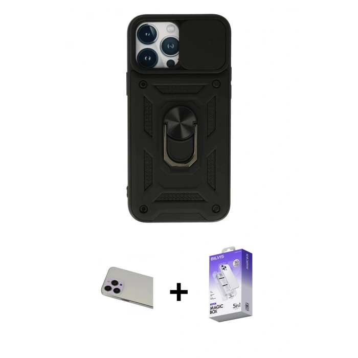 MARSİLYAN™- iPhone 13 Pro Max Kılıf Ahenk Klasik - Siyah Bilvis 5in1 3D Magic Cam Ekran Koruyucu + Rainbow Kamera Lens Koruma Cam - MR