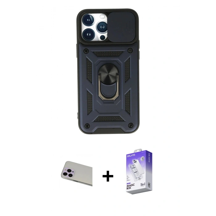 MARSİLYAN™- iPhone 13 Pro Max Kılıf Ahenk Klasik - Siyah Bilvis 5in1 3D Magic Cam Ekran Koruyucu + Rainbow Kamera Lens Koruma Cam - MR