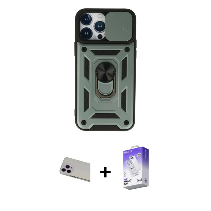 MARSİLYAN™- iPhone 13 Pro Max Kılıf Ahenk Klasik - Siyah Bilvis 5in1 3D Magic Cam Ekran Koruyucu + Rainbow Kamera Lens Koruma Cam - MR