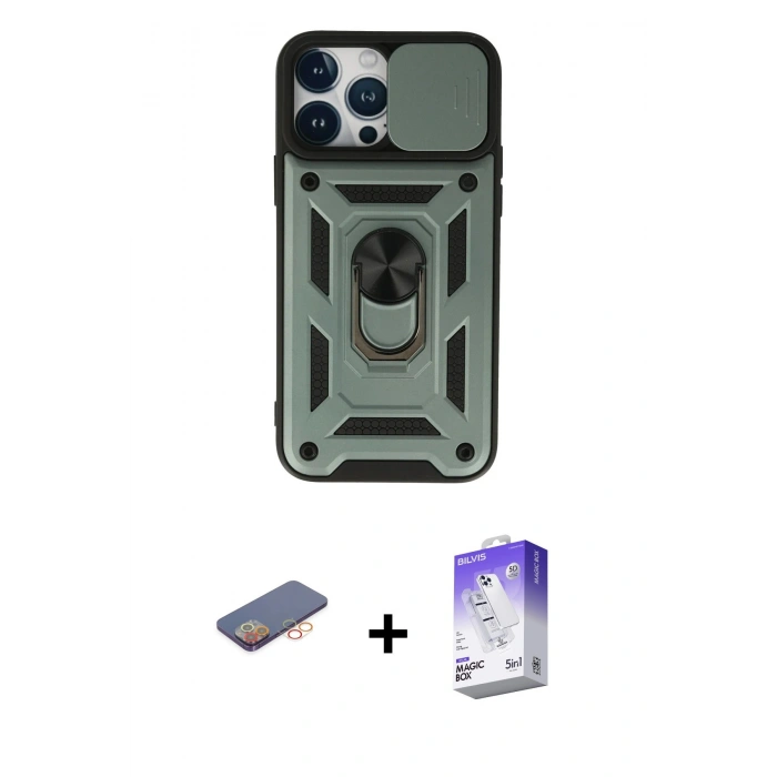 MARSİLYAN™- iPhone 13 Pro Max Kılıf Ahenk Klasik - Siyah Bilvis 5in1 3D Magic Cam Ekran Koruyucu + Renkli Kamera Lens Koruma Cam - TU