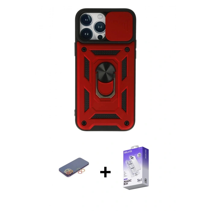 MARSİLYAN™- iPhone 13 Pro Max Kılıf Ahenk Klasik - Siyah Bilvis 5in1 3D Magic Cam Ekran Koruyucu + Renkli Kamera Lens Koruma Cam - TU