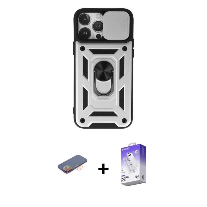 MARSİLYAN™- iPhone 13 Pro Max Kılıf Ahenk Klasik - Siyah Bilvis 5in1 3D Magic Cam Ekran Koruyucu + Renkli Kamera Lens Koruma Cam - TU