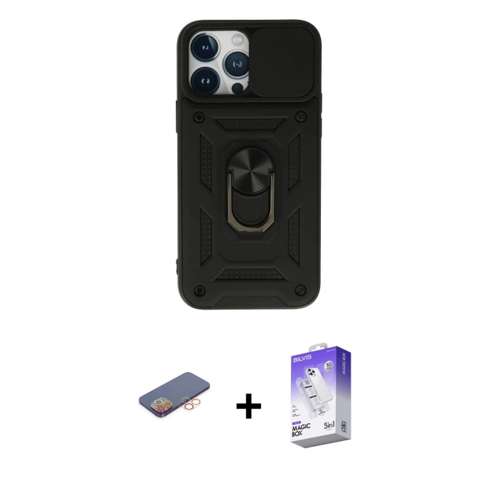 MARSİLYAN™- iPhone 13 Pro Max Kılıf Ahenk Klasik - Siyah Bilvis 5in1 3D Magic Cam Ekran Koruyucu + Renkli Kamera Lens Koruma Cam - TU