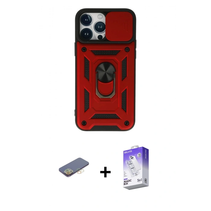 MARSİLYAN™- iPhone 13 Pro Max Kılıf Ahenk Klasik - Siyah Bilvis 5in1 3D Magic Cam Ekran Koruyucu + Renkli Kamera Lens Koruma Cam - SI