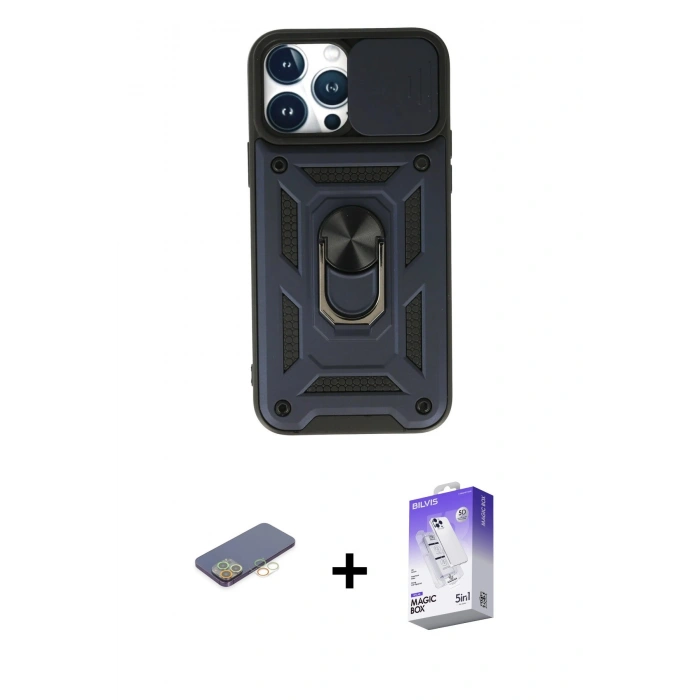 MARSİLYAN™- iPhone 13 Pro Max Kılıf Ahenk Klasik - Siyah Bilvis 5in1 3D Magic Cam Ekran Koruyucu + Renkli Kamera Lens Koruma Cam - SI