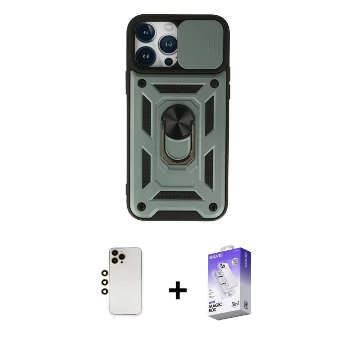 MARSİLYAN™- iPhone 13 Pro Max Kılıf Ahenk Klasik - Siyah Bilvis 5in1 3D Magic Cam Ekran Koruyucu + Shine Kamera Lens - GD