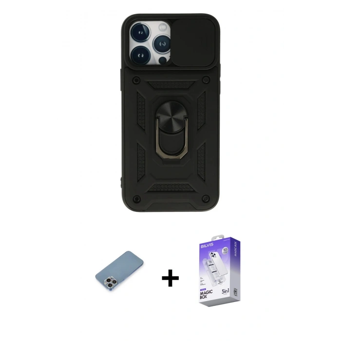 MARSİLYAN™- iPhone 13 Pro Max Kılıf Ahenk Klasik - Siyah Bilvis 5in1 3D Magic Cam Ekran Koruyucu + Shine Kamera Lens Koruma Cam - GI