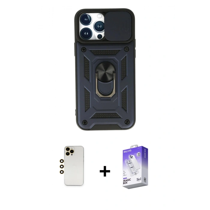 MARSİLYAN™- iPhone 13 Pro Max Kılıf Ahenk Klasik - Siyah Bilvis 5in1 3D Magic Cam Ekran Koruyucu + Shine Kamera Lens - GD