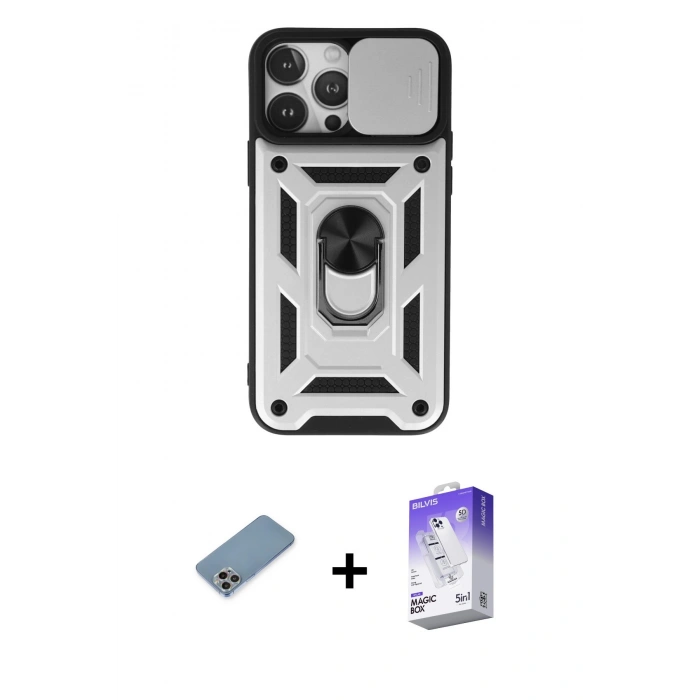 MARSİLYAN™- iPhone 13 Pro Max Kılıf Ahenk Klasik - Siyah Bilvis 5in1 3D Magic Cam Ekran Koruyucu + Shine Kamera Lens Koruma Cam - GI