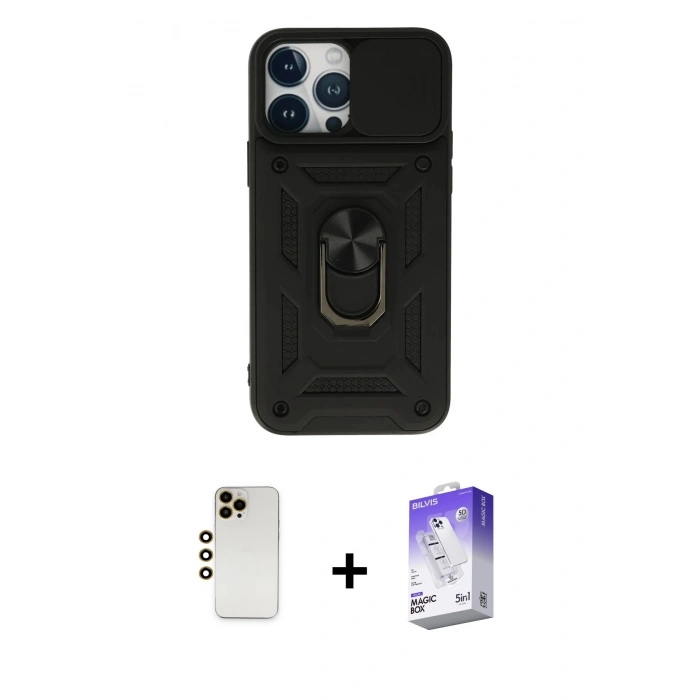MARSİLYAN™- iPhone 13 Pro Max Kılıf Ahenk Klasik - Siyah Bilvis 5in1 3D Magic Cam Ekran Koruyucu + Shine Kamera Lens - GD