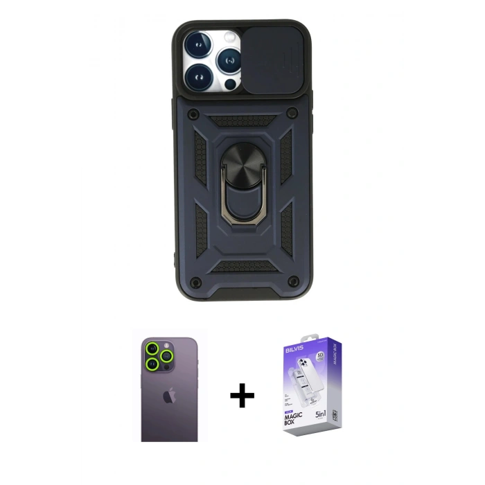 MARSİLYAN™- iPhone 13 Pro Max Kılıf Ahenk Klasik - Siyah Bilvis 5in1 3D Magic Cam Ekran Koruyucu + Yeşil Neon Fosforlu Kamera Lens