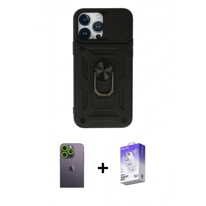 MARSİLYAN™- iPhone 13 Pro Max Kılıf Ahenk Klasik - Siyah Bilvis 5in1 3D Magic Cam Ekran Koruyucu + Yeşil Neon Fosforlu Kamera Lens