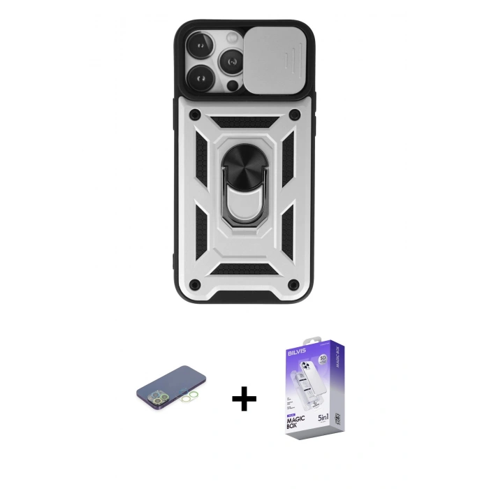 MARSİLYAN™- iPhone 13 Pro Max Kılıf Ahenk Klasik - Siyah Bilvis 5in1 3D Magic Cam Ekran Koruyucu + Yeşil Renkli Kamera Lens Koruma Cam