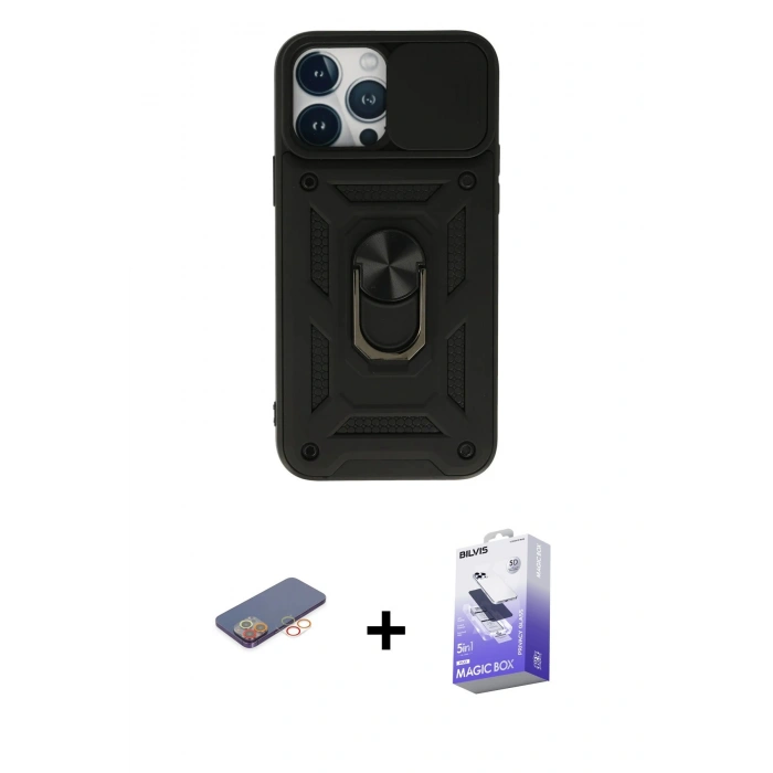MARSİLYAN™- iPhone 13 Pro Max Kılıf Ahenk Klasik - Siyah Bilvis 5in1 5D Magic Hayalet Cam Ekran Koruyucu + Turuncu Renkli Kamera Lens Koruma Cam