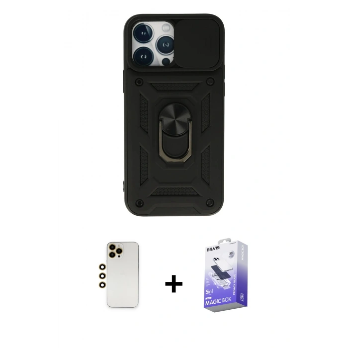 MARSİLYAN™- iPhone 13 Pro Max Kılıf Ahenk Klasik - Siyah Bilvis 5in1 5D Magic Hayalet Cam Ekran Koruyucu + Shine Kamera Lens - GD