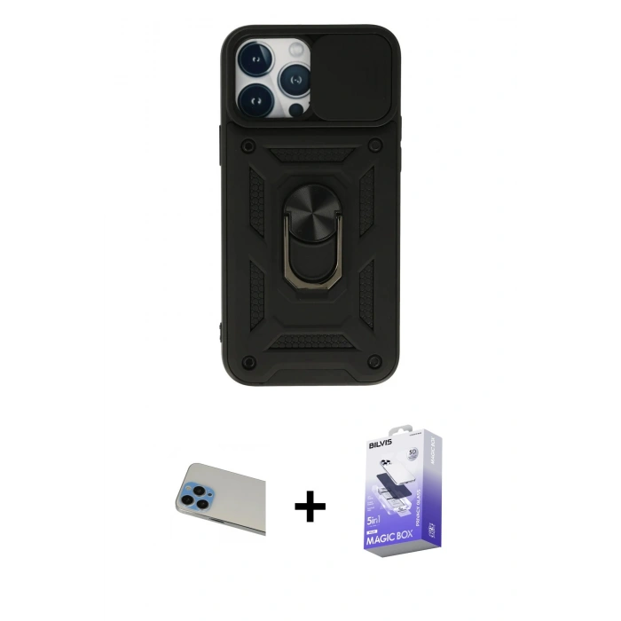 MARSİLYAN™- iPhone 13 Pro Max Kılıf Ahenk Klasik - Siyah Bilvis 5in1 5D Magic Hayalet Cam Ekran Koruyucu + Rainbow Kamera Lens Koruma Cam - MI