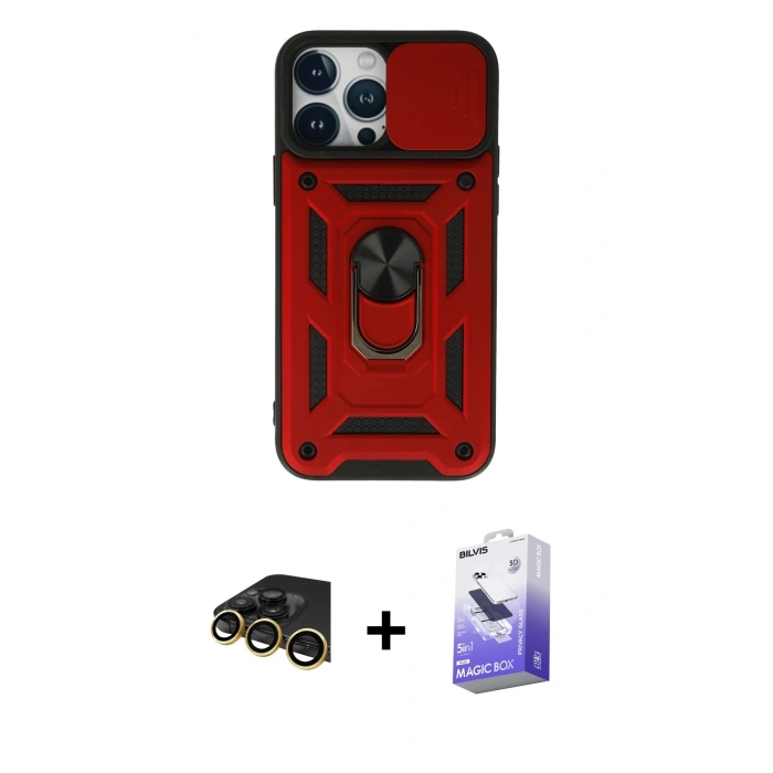 MARSİLYAN™- iPhone 13 Pro Max Kılıf Ahenk Klasik - Siyah Bilvis 5in1 5D Magic Hayalet Cam Ekran Koruyucu + Raze Metal Kamera Lens - GD
