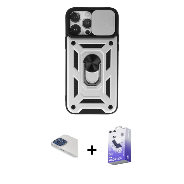MARSİLYAN™- iPhone 13 Pro Max Kılıf Ahenk Klasik - Siyah Bilvis 5in1 5D Magic Hayalet Cam Ekran Koruyucu + Pers Alüminyum Kamera Lens - LT