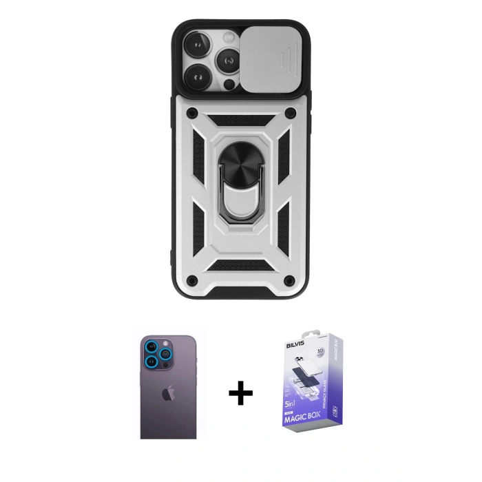 MARSİLYAN™- iPhone 13 Pro Max Kılıf Ahenk Klasik - Siyah Bilvis 5in1 5D Magic Hayalet Cam Ekran Koruyucu + Neon Fosforlu Kamera Lens - MI