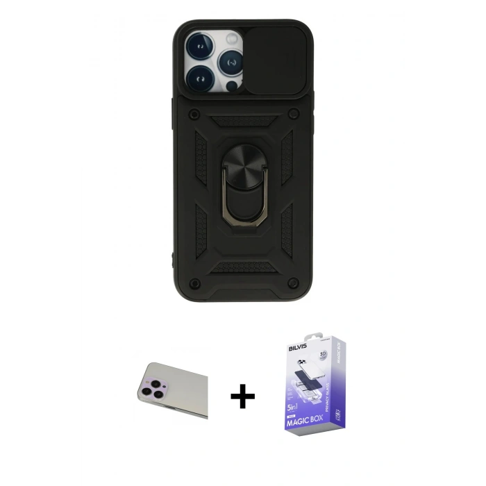 MARSİLYAN™- iPhone 13 Pro Max Kılıf Ahenk Klasik - Siyah Bilvis 5in1 5D Magic Hayalet Cam Ekran Koruyucu + Mor Rainbow Kamera Lens Koruma Cam