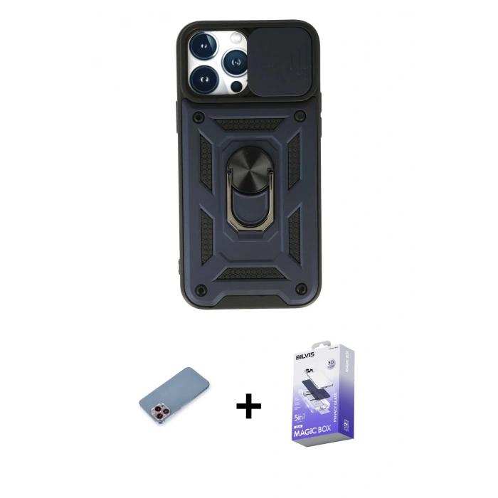 MARSİLYAN™- iPhone 13 Pro Max Kılıf Ahenk Klasik - Siyah Bilvis 5in1 5D Magic Hayalet Cam Ekran Koruyucu + Pembe Shine Kamera Lens Koruma Cam