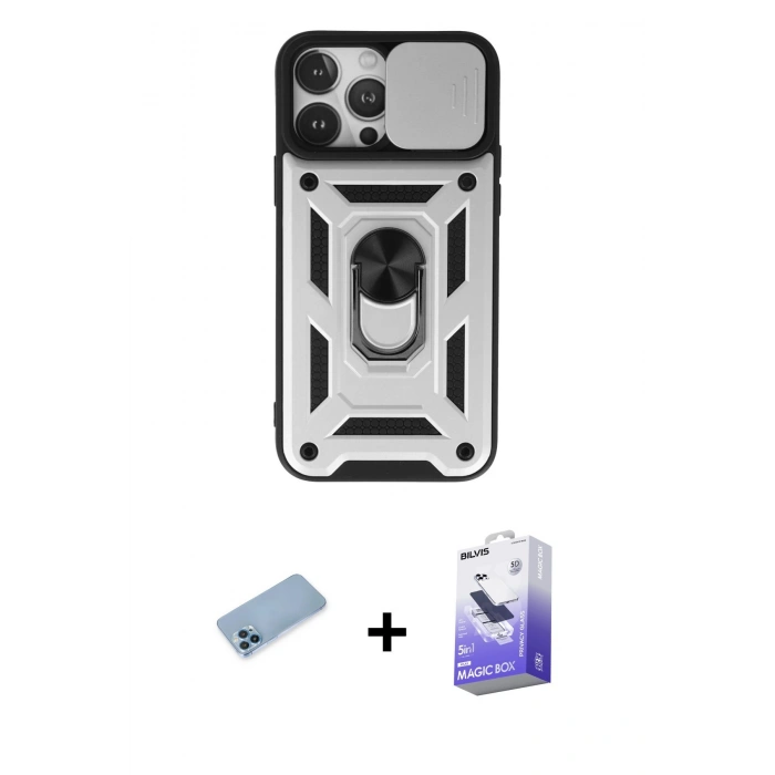 MARSİLYAN™- iPhone 13 Pro Max Kılıf Ahenk Klasik - Siyah Bilvis 5in1 5D Magic Hayalet Cam Ekran Koruyucu + Shine Kamera Lens Koruma Cam - MI