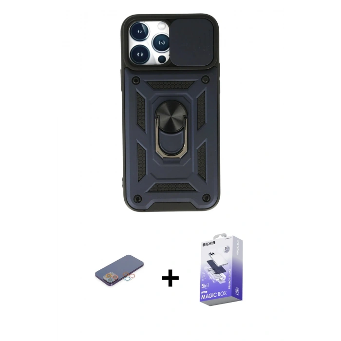 MARSİLYAN™- iPhone 13 Pro Max Kılıf Ahenk Klasik - Siyah Bilvis 5in1 5D Magic Hayalet Cam Ekran Koruyucu + Renkli Kamera Lens Koruma Cam - PE