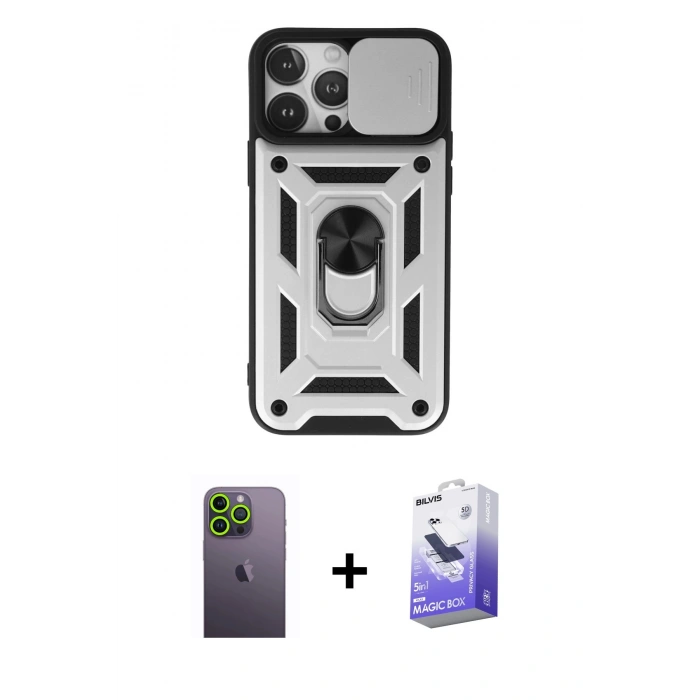 MARSİLYAN™- iPhone 13 Pro Max Kılıf Ahenk Klasik - Siyah Bilvis 5in1 5D Magic Hayalet Cam Ekran Koruyucu + Neon Fosforlu Kamera Lens - YL