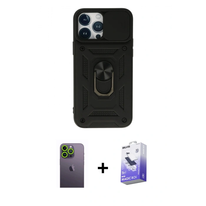 MARSİLYAN™- iPhone 13 Pro Max Kılıf Ahenk Klasik - Siyah Bilvis 5in1 5D Magic Hayalet Cam Ekran Koruyucu + Neon Fosforlu Kamera Lens - YL