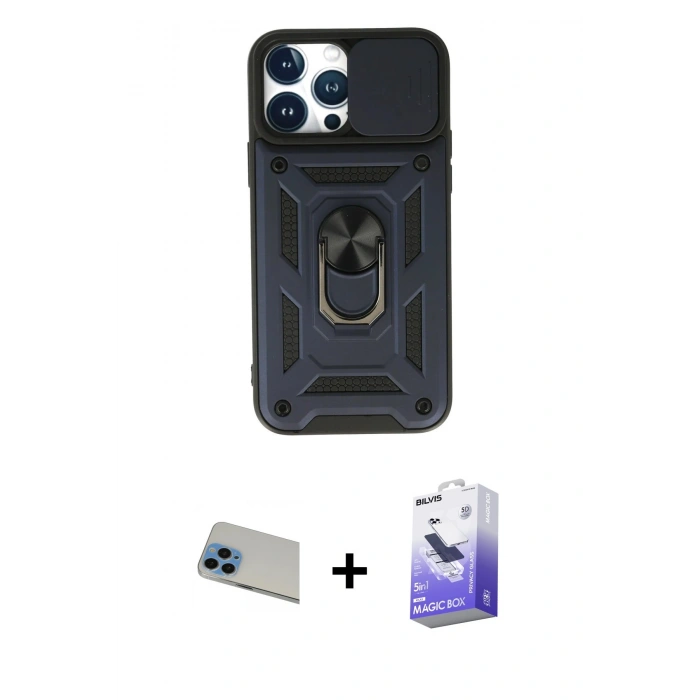 MARSİLYAN™- iPhone 13 Pro Max Kılıf Ahenk Klasik - Siyah Bilvis 5in1 5D Magic Hayalet Cam Ekran Koruyucu + Rainbow Kamera Lens Koruma Cam - MI