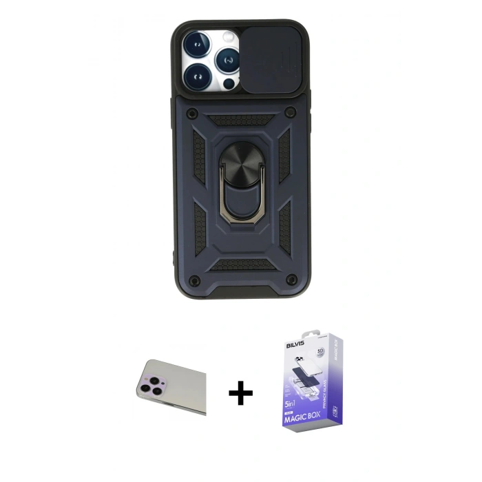 MARSİLYAN™- iPhone 13 Pro Max Kılıf Ahenk Klasik - Siyah Bilvis 5in1 5D Magic Hayalet Cam Ekran Koruyucu + Mor Rainbow Kamera Lens Koruma Cam