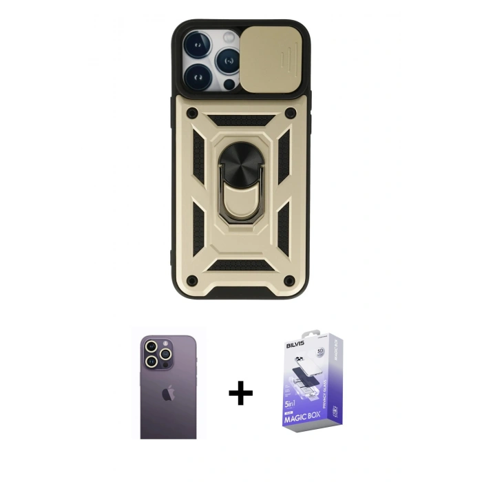 MARSİLYAN™- iPhone 13 Pro Max Kılıf Ahenk Klasik - Siyah Bilvis 5in1 5D Magic Hayalet Cam Ekran Koruyucu + Neon Fosforlu Kamera Lens - BZ