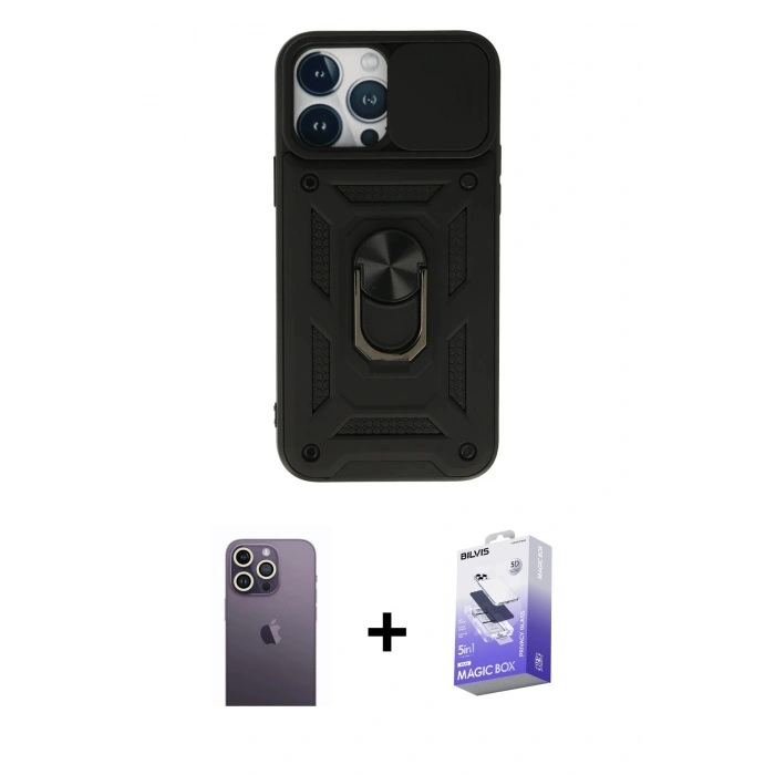 MARSİLYAN™- iPhone 13 Pro Max Kılıf Ahenk Klasik - Siyah Bilvis 5in1 5D Magic Hayalet Cam Ekran Koruyucu + Neon Fosforlu Kamera Lens - BZ
