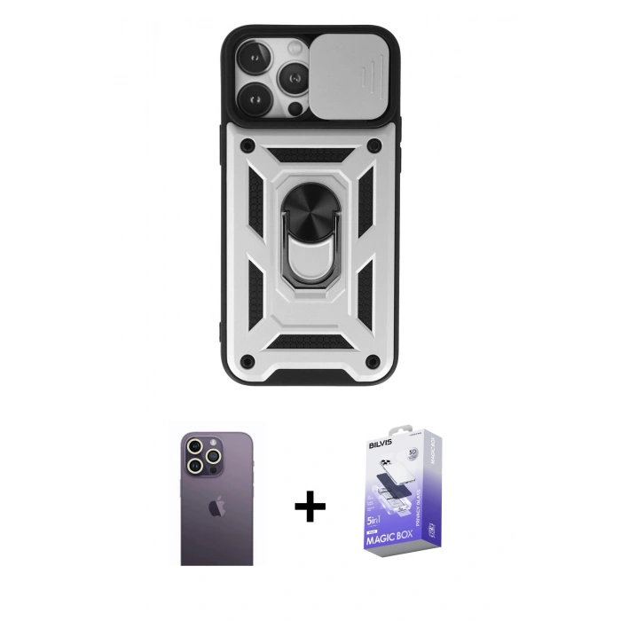 MARSİLYAN™- iPhone 13 Pro Max Kılıf Ahenk Klasik - Siyah Bilvis 5in1 5D Magic Hayalet Cam Ekran Koruyucu + Neon Fosforlu Kamera Lens - BZ