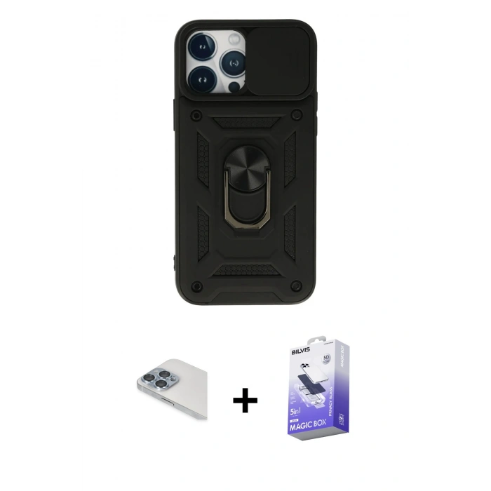 MARSİLYAN™- iPhone 13 Pro Max Kılıf Ahenk Klasik - Siyah Bilvis 5in1 5D Magic Hayalet Cam Ekran Koruyucu + Pers Alüminyum Kamera Lens - SABE