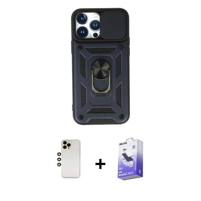 MARSİLYAN™- iPhone 13 Pro Max Kılıf Ahenk Klasik - Siyah Bilvis 5in1 5D Magic Hayalet Cam Ekran Koruyucu + Shine Kamera Lens - GD