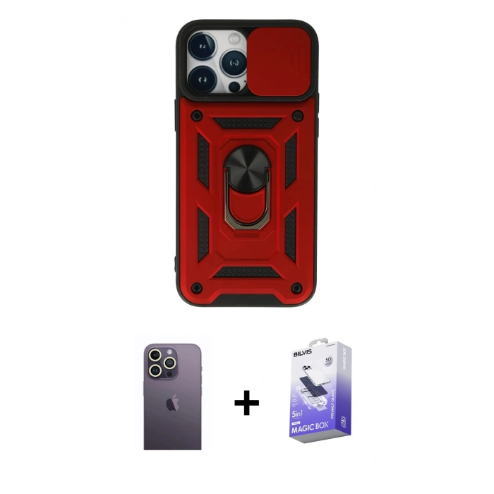 MARSİLYAN™- iPhone 13 Pro Max Kılıf Ahenk Klasik - Siyah Bilvis 5in1 5D Magic Hayalet Cam Ekran Koruyucu + Neon Fosforlu Kamera Lens - BZ