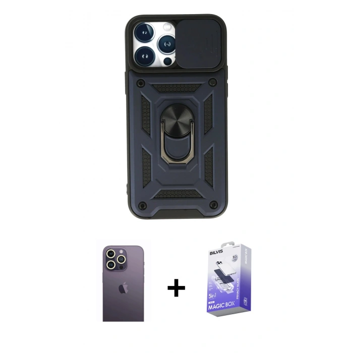 MARSİLYAN™- iPhone 13 Pro Max Kılıf Ahenk Klasik - Siyah Bilvis 5in1 5D Magic Hayalet Cam Ekran Koruyucu + Neon Fosforlu Kamera Lens - BZ
