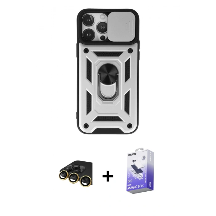 MARSİLYAN™- iPhone 13 Pro Max Kılıf Ahenk Klasik - Siyah Bilvis 5in1 5D Magic Hayalet Cam Ekran Koruyucu + Raze Metal Kamera Lens - GD