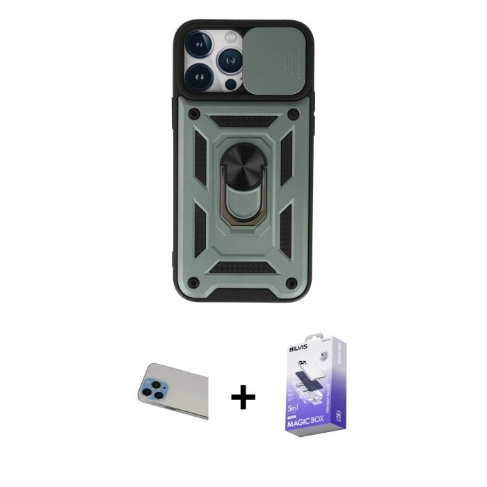 MARSİLYAN™- iPhone 13 Pro Max Kılıf Ahenk Klasik - Siyah Bilvis 5in1 5D Magic Hayalet Cam Ekran Koruyucu + Rainbow Kamera Lens Koruma Cam - MI