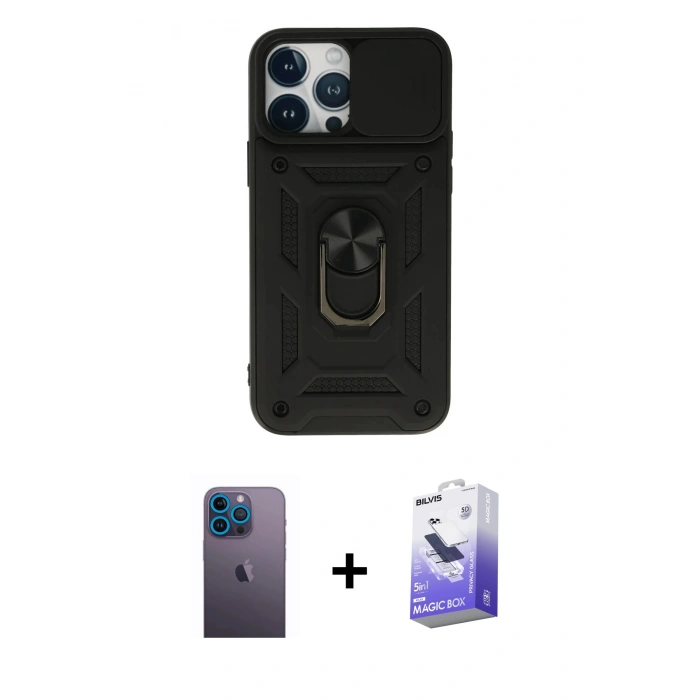 MARSİLYAN™- iPhone 13 Pro Max Kılıf Ahenk Klasik - Siyah Bilvis 5in1 5D Magic Hayalet Cam Ekran Koruyucu + Neon Fosforlu Kamera Lens - MI