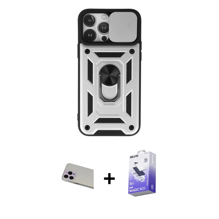 MARSİLYAN™- iPhone 13 Pro Max Kılıf Ahenk Klasik - Siyah Bilvis 5in1 5D Magic Hayalet Cam Ekran Koruyucu + Mor Rainbow Kamera Lens Koruma Cam