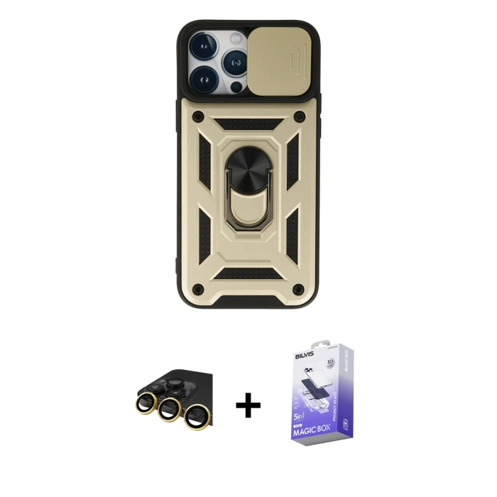 MARSİLYAN™- iPhone 13 Pro Max Kılıf Ahenk Klasik - Siyah Bilvis 5in1 5D Magic Hayalet Cam Ekran Koruyucu + Raze Metal Kamera Lens - GD