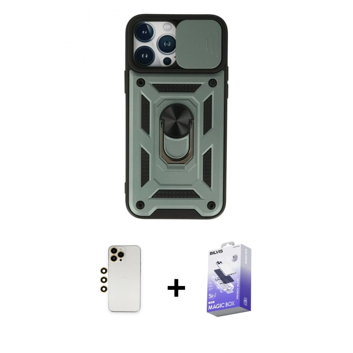 MARSİLYAN™- iPhone 13 Pro Max Kılıf Ahenk Klasik - Siyah Bilvis 5in1 5D Magic Hayalet Cam Ekran Koruyucu + Shine Kamera Lens - GD